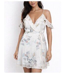 Lush dress ruffle off the shoulder white floral true wrap SZ M short lightweight